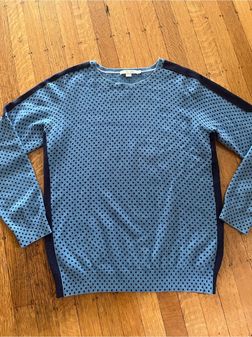 Boden Cashmere Blue Polka Dot Crewneck Sweater with Navy Panels